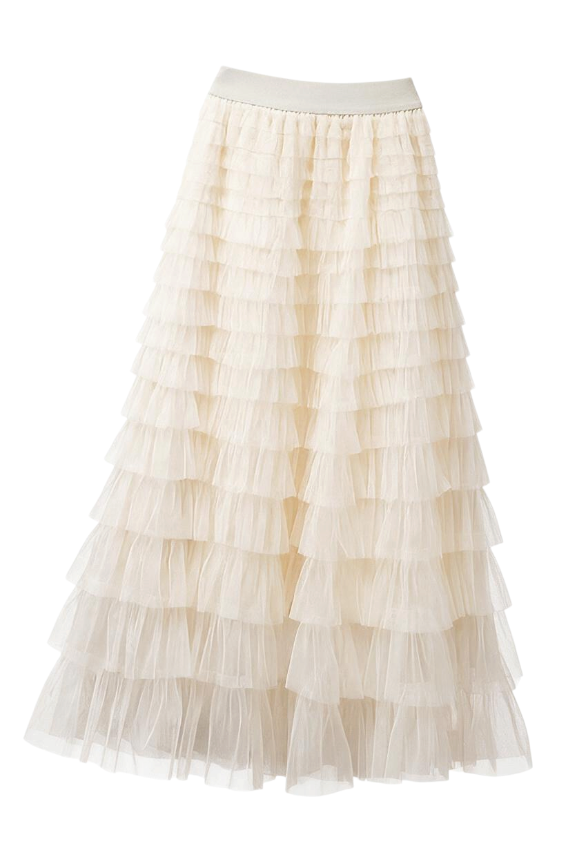 Trestles Clothing Company cream maxi skirt featuring tiered ruffled tulle layers and a comfortable elastic waistband.